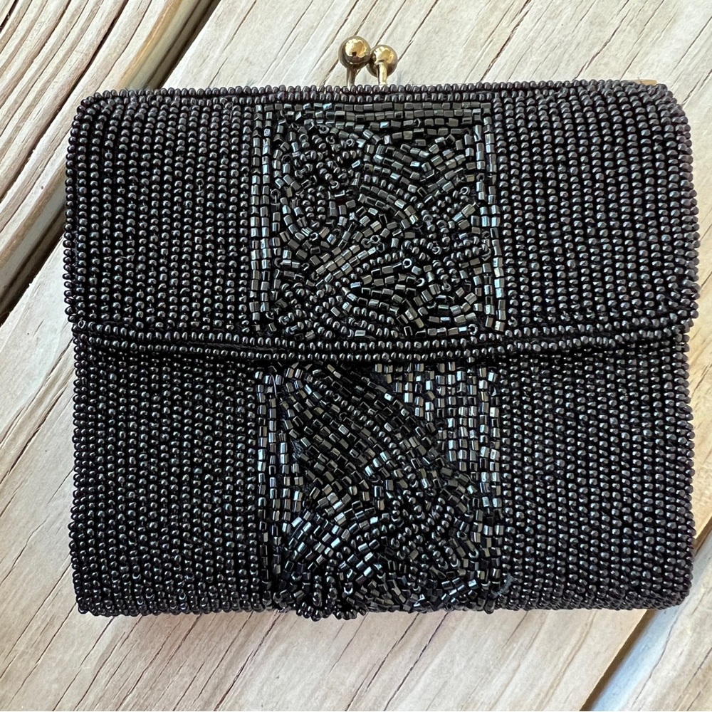 Vintage Black Beaded Clutch wallet kisslock satin Walborg Haso-Han 50s
